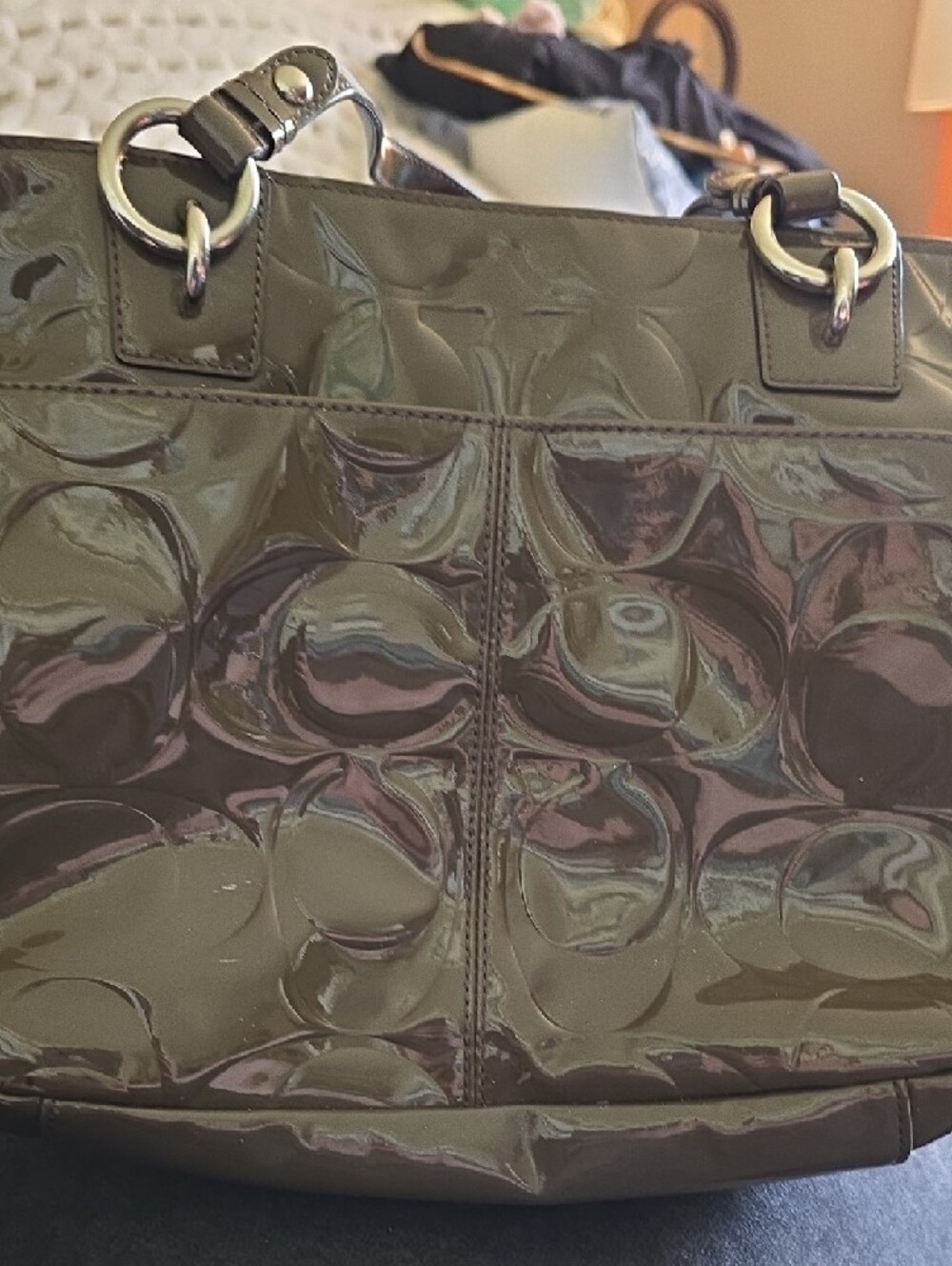 Coach Olive Green Patent Leather Shoulder Vintage East/West Tote - Picture 5 of 13